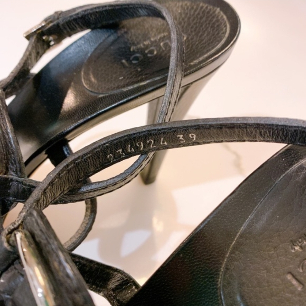 Gucci Black Textured Leather Horsebit T-Bar Ankle Strap Sandals Heels, 39 Or 9 - Picture 4 of 5